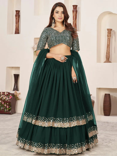 Captivating Green Sequins Georgette Mehendi Wear Lehenga Choli